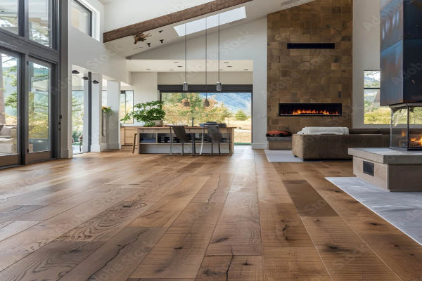 Photo of living room with wood floors and windows.